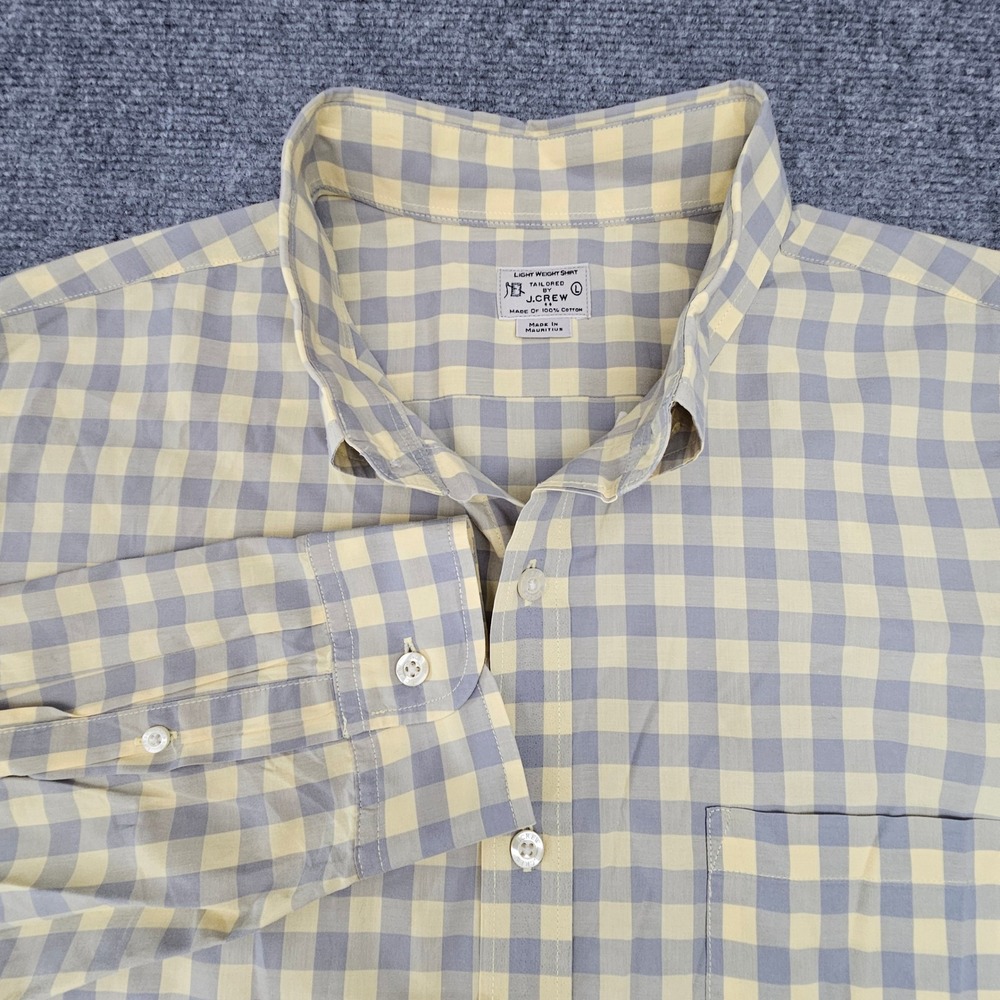 J.Crew Button Down Shirt Mens Large L Yellow Grey Gingham Lightweight Tailored